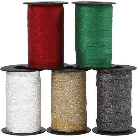 Gavebånd, ass. farger, B: 10 mm, glitter, 100 m/ 5 pk.