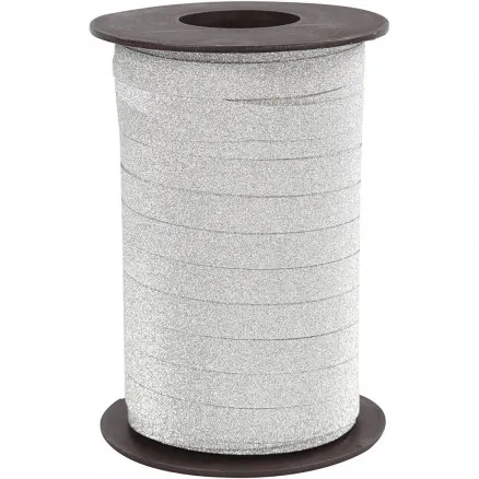 Gavebånd, sølv, B: 10 mm, glitter, 100 m/ 1 pk.